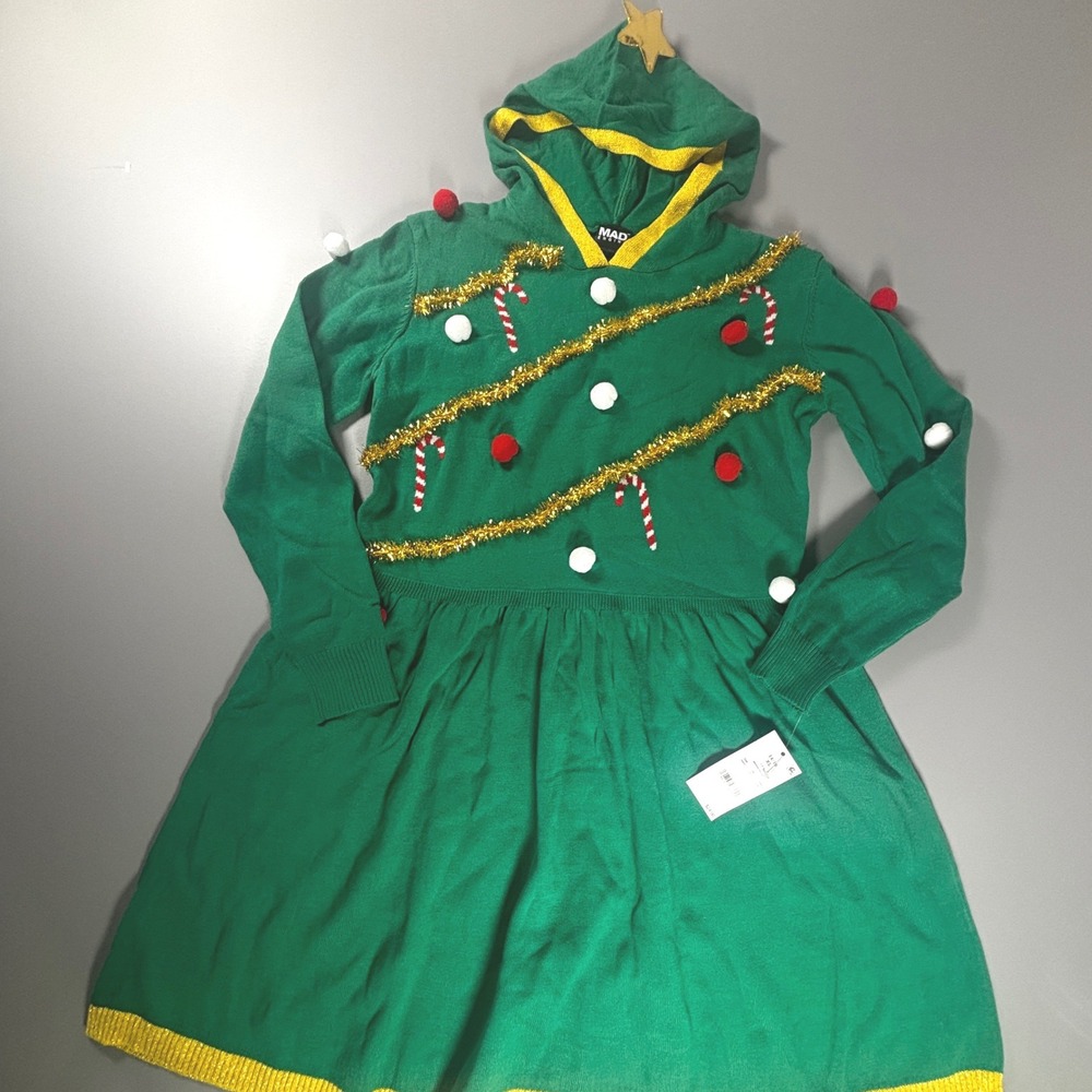 Ugly Christmas Sweater Dress Hoodie Tree Candy Cane NWT Holiday Girls XL